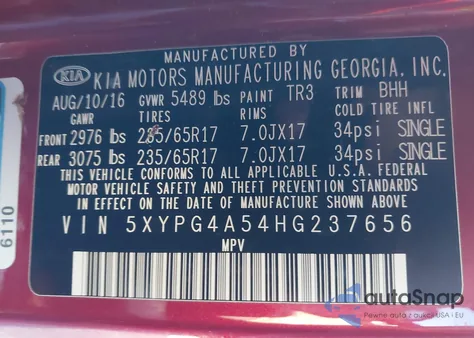 2017 Kia Sorento 3.3L Lx z USA, uszkodzony, nr VIN 5XYPG4A54HG237656